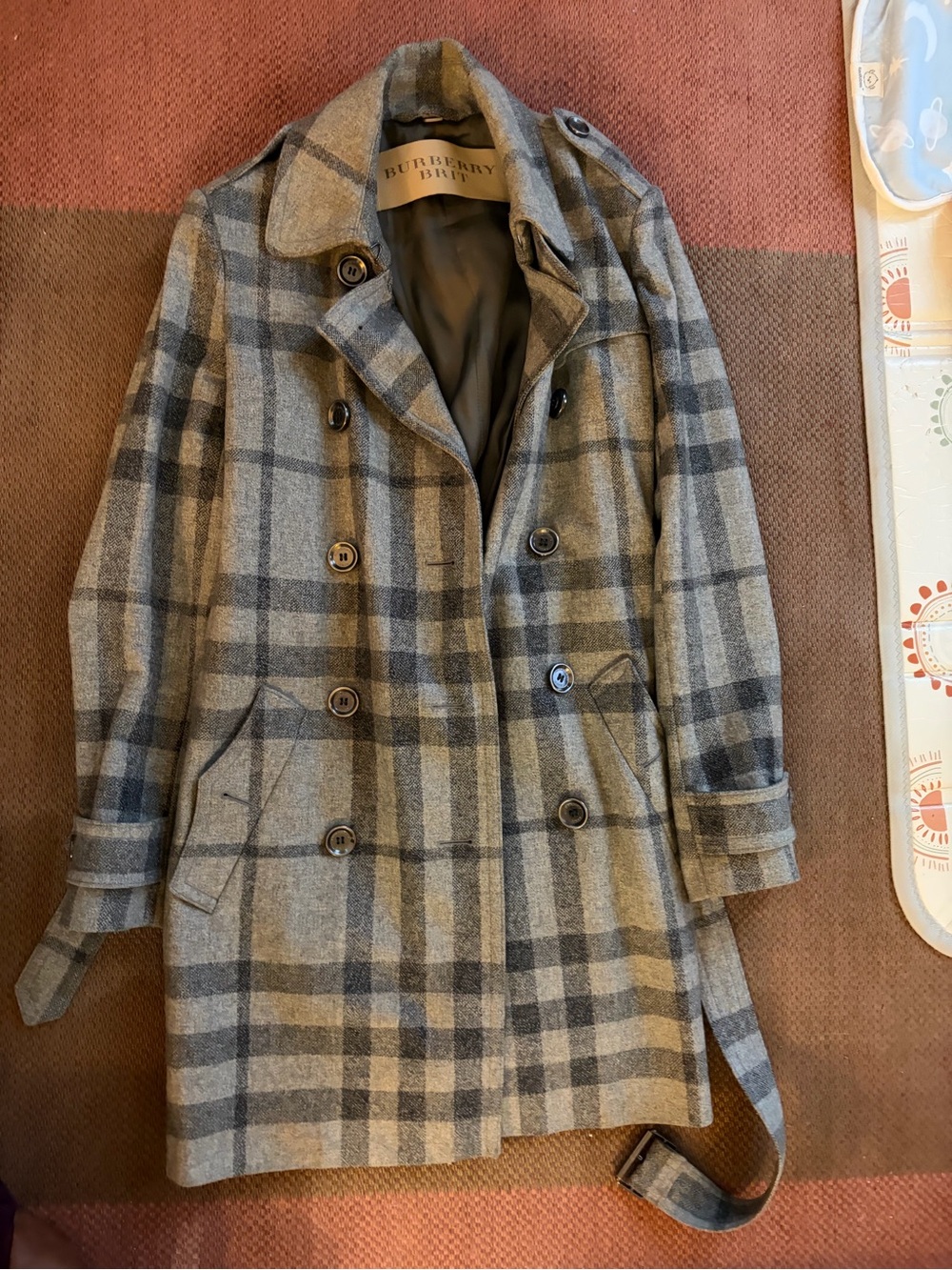 Burberry Beige and Gray Plaid Wool Trench Coat